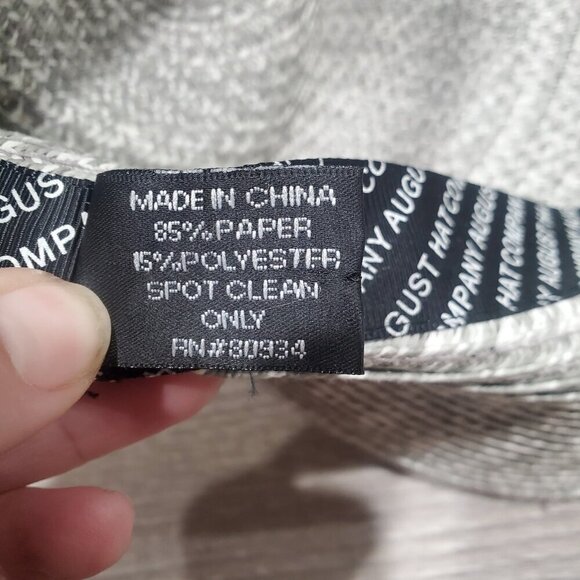 August Hat Co Wide Brim Woven Sun Hat Paper Straw Light Gray Black Accent Strap - Picture 9 of 11